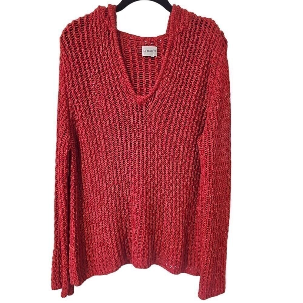Chico's Women's Red Knit Pullover Hoodie Sweater V-Neck Long Sleeve
M